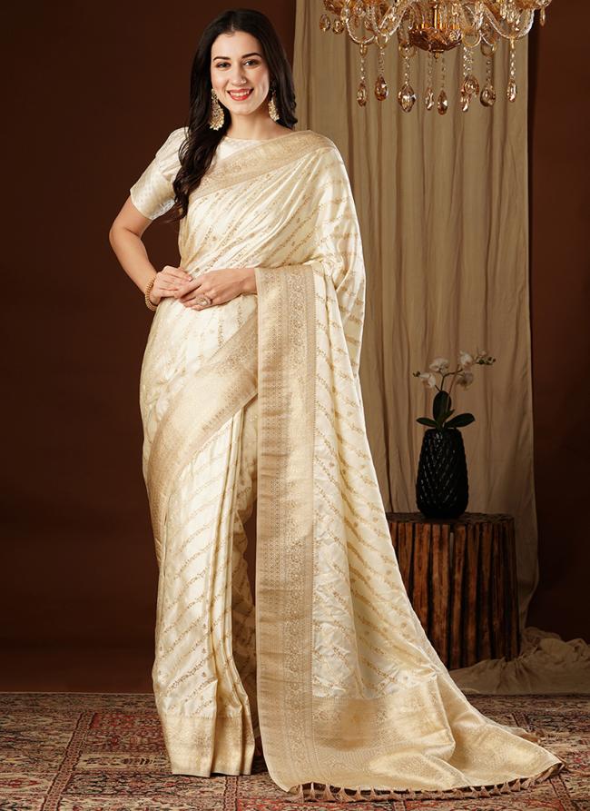 Sattin Silk White Wedding Wear Weaving Saree